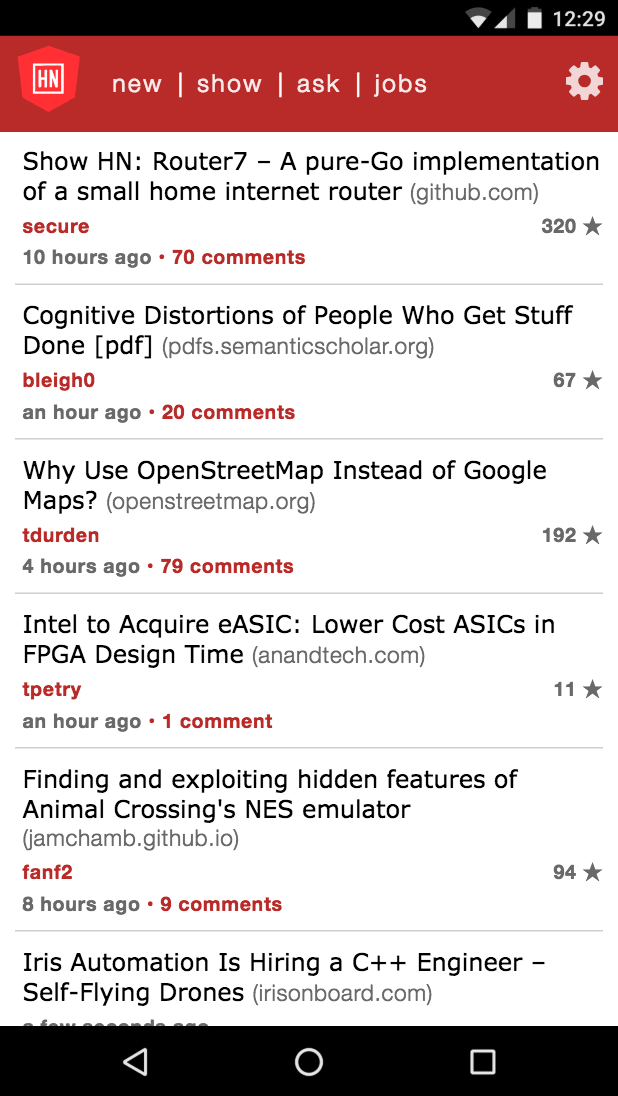 Angular HN HN PWA running on a mobile phone