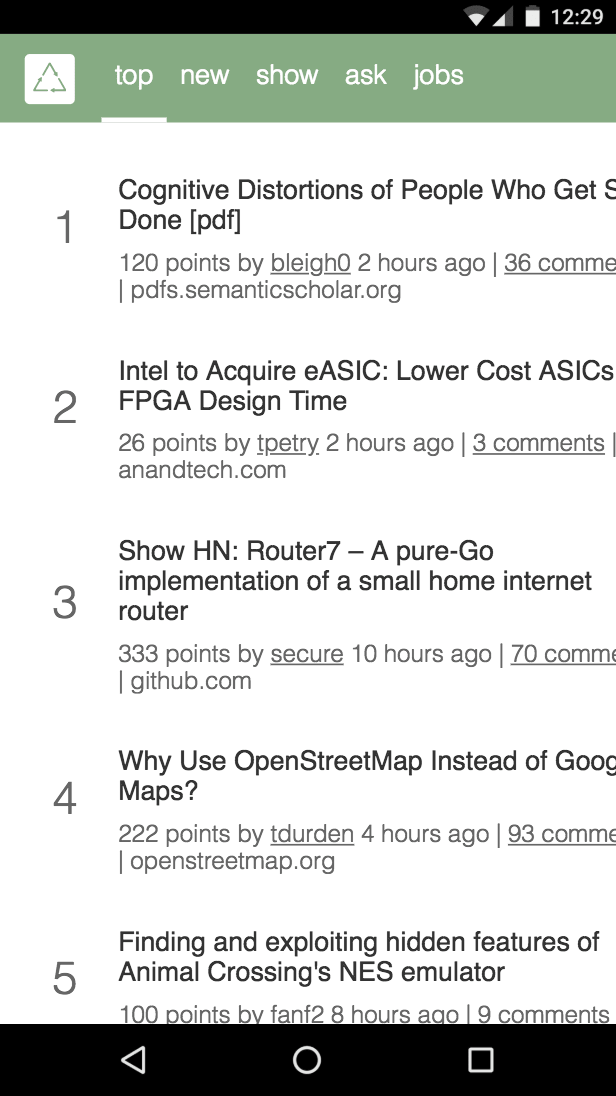 Vanilla Web Components with Compost mixins HN PWA running on a mobile phone