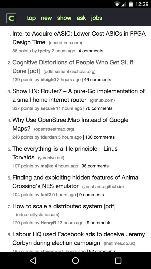 Cycle HN HN PWA running on a mobile phone