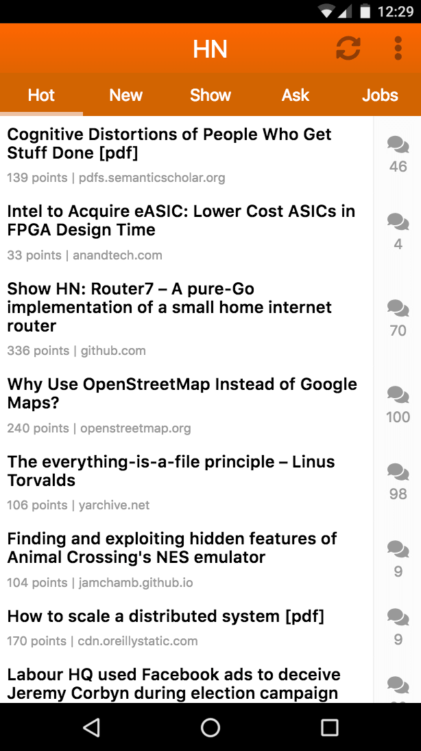 MobX TS HN HN PWA running on a mobile phone